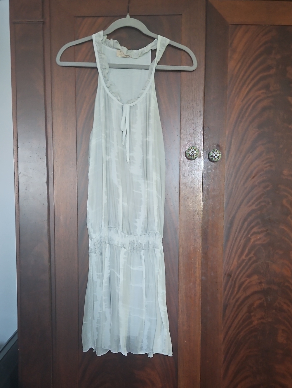 Sofia - Light Gray Mini Dress with Ruffle Neck and Tie